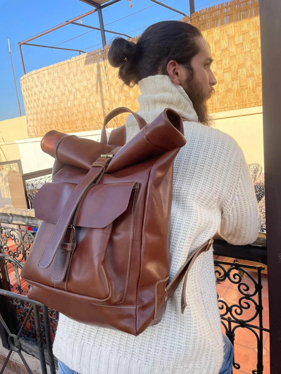 Leather Backpack Roll Top Rucksack Travel Bag Laptop Bag Purse Cowhide