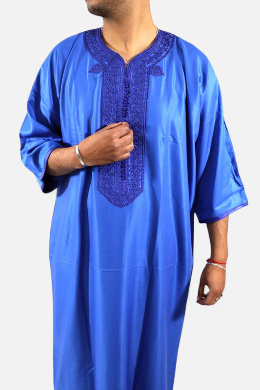 Bright Blue Moroccan Style Thobe - Traditional Short Sleeve Design for Men