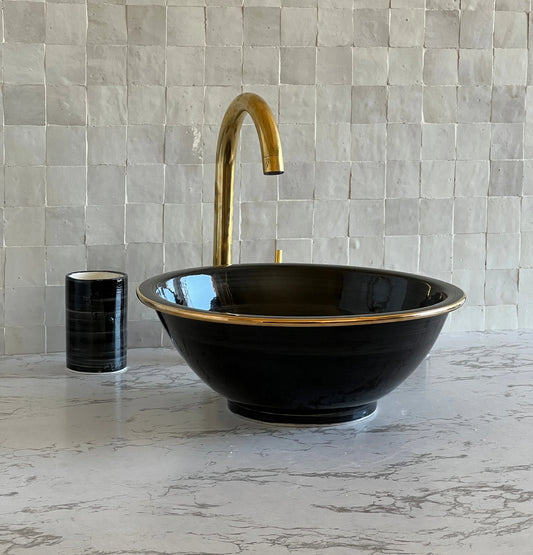 Antique Sink 14K Gold Rim, Set of Vessel Sink, Toothbrush Cup and Soap Dish, 14 Inch Sink Bowl, Ceramic Basin, Free Gift INCLUDED