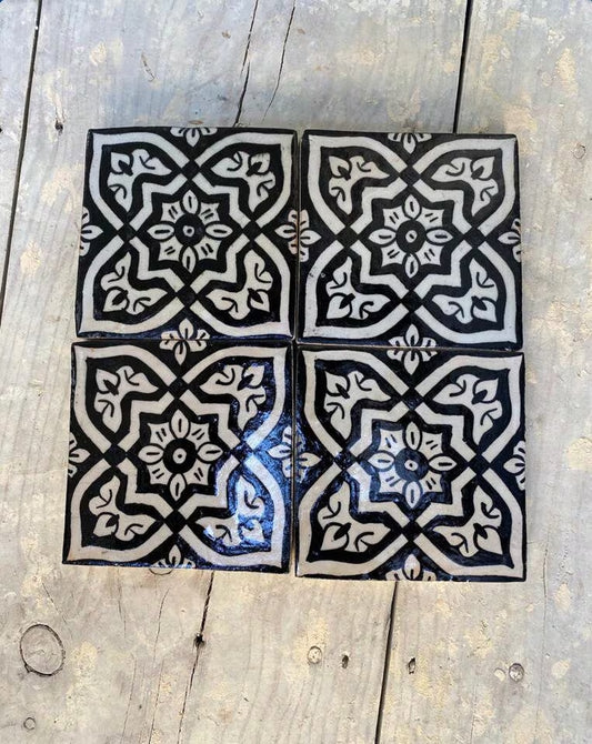 Artisanal Elegance: Hand-Painted Moroccan Black and White Tiles from Wood-Fired Kiln