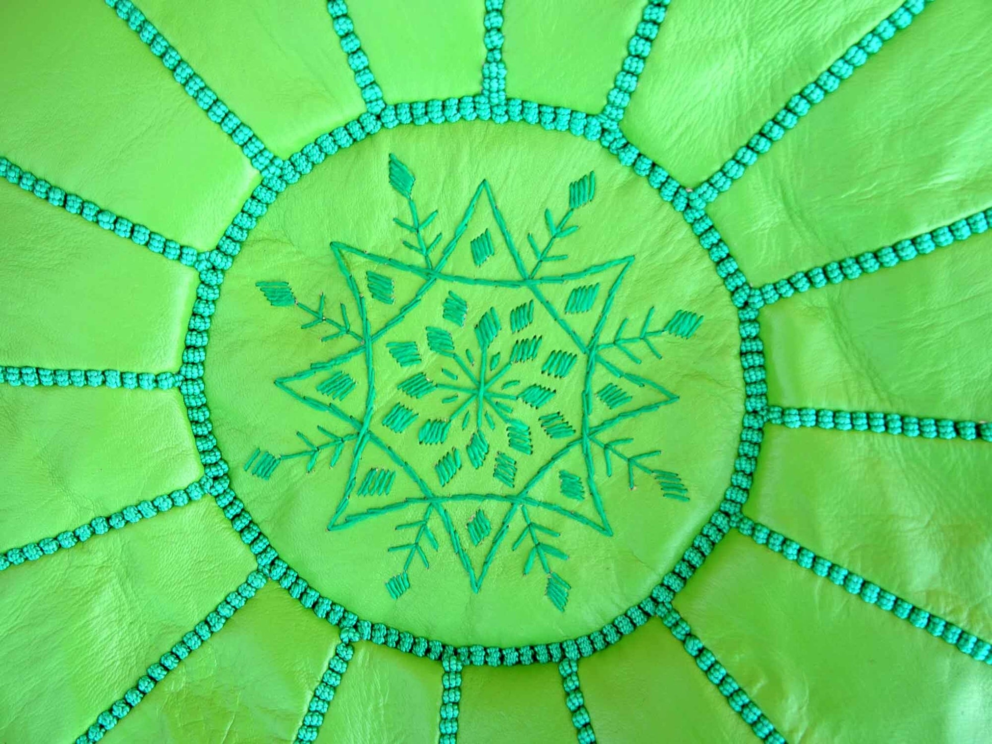 Light Kelly Green Leather Pouf with Top Embroidery, Moroccan Ottoman Poof Green Color, Luxury Kelly Green Ottoman Footstools.