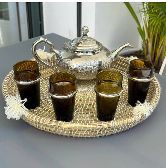 Handcrafted Moroccan Tea Set – Engraved Nickel Teapot with Amber Glasses & Woven Serving Tray Handcrafted Moroccan Royal Teapot