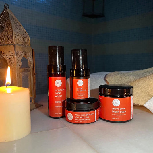 Organic Moroccan Skincare Set – Ghassoul Clay Mask, Black Soap & Argan Oil – Face and Body Exfoliator, Moisturizer, Rose Hydrolat Toner