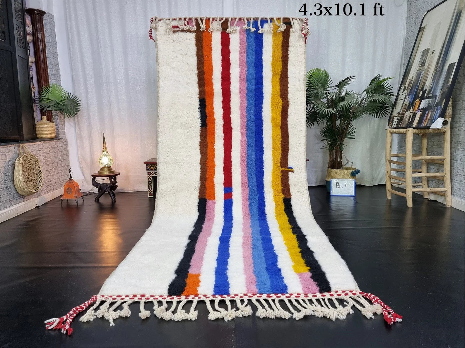 COLORFUL RUG 4X10, Striped Moroccan Rug, Handmade Area Rug, Bohemian Shag Rug, White Wool Rug, Authentic Beni Ourain Rug, Berber Carpet.