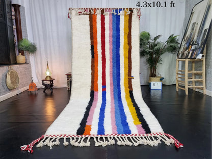 COLORFUL RUG 4X10, Striped Moroccan Rug, Handmade Area Rug, Bohemian Shag Rug, White Wool Rug, Authentic Beni Ourain Rug, Berber Carpet.