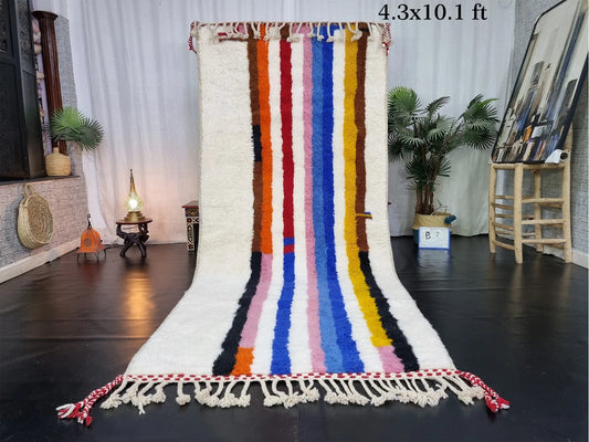 COLORFUL RUG 4X10, Striped Moroccan Rug, Handmade Area Rug, Bohemian Shag Rug, White Wool Rug, Authentic Beni Ourain Rug, Berber Carpet.