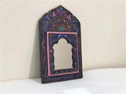 Small Moroccan Mirror with Doors, Bohemian Wall Decor, Ethnic Art for Entryway, Large Mirror Hand Painted, Unique Blue Floral Mirrors,