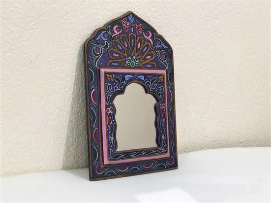 Small Moroccan Mirror with Doors, Bohemian Wall Decor, Ethnic Art for Entryway, Large Mirror Hand Painted, Unique Blue Floral Mirrors,
