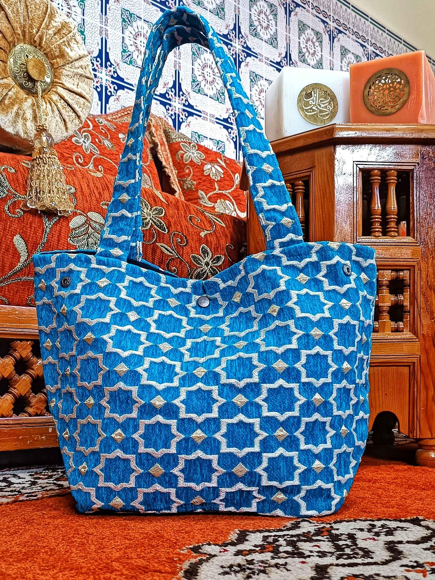 Moroccan Handmade Tote Bag | Everyday Durable Wool Handbag | Handmade Fashion Tote for Work & Outings | Stylish Moroccan Tile Design