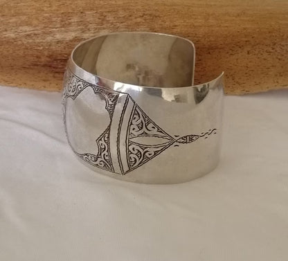 Berber Tuareg Silver Cuff with Khamsas, Hand of Fatima and Carving.