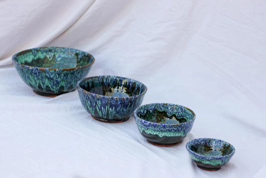 Green Ourika Ceramic Bowls Moroccan Handmade Bowls Nesting Bowl Set Drip Glaze Pottery Bowls Handpainted Ceramic Stoneware Crackle Glaze