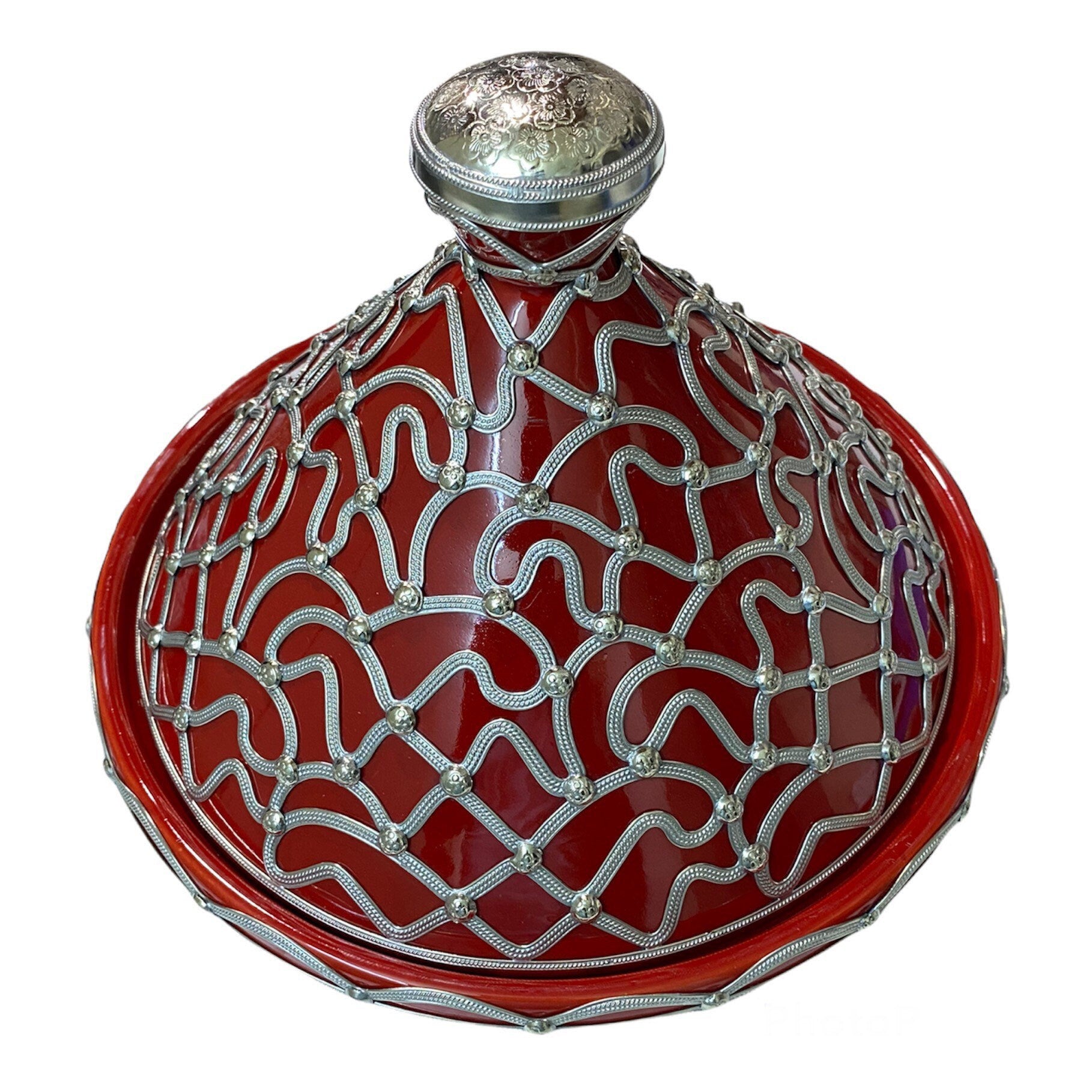 A Handmade and Hand-Painted Moroccan Tagine Dish, Encrusted with Maillechort.