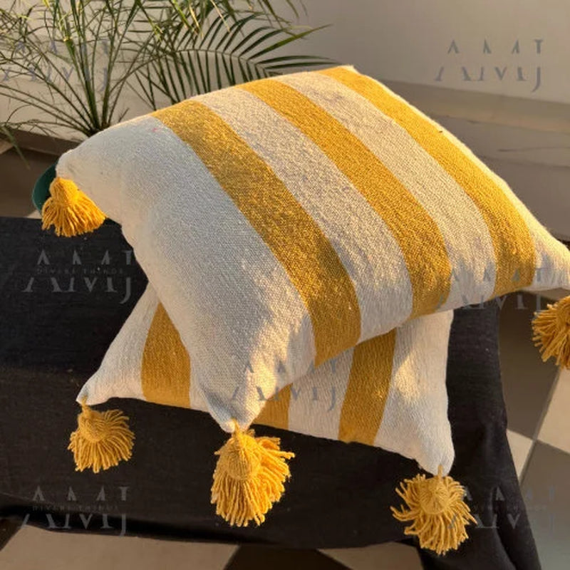 Artisan Cushion, Pompom Cushions, Square Pillow - Pillow Cover- Decorative Pillow -Set of 2 Handwoven Pillow -