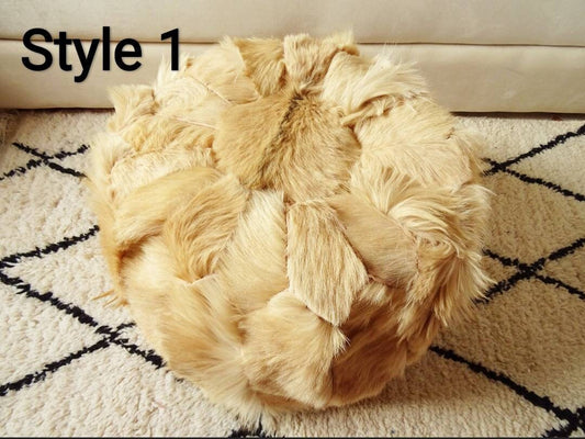 Natural Goat Fur Pouf - 100% Genuine Real Handme Genuine Leather - Ottoman Footstool Hassock