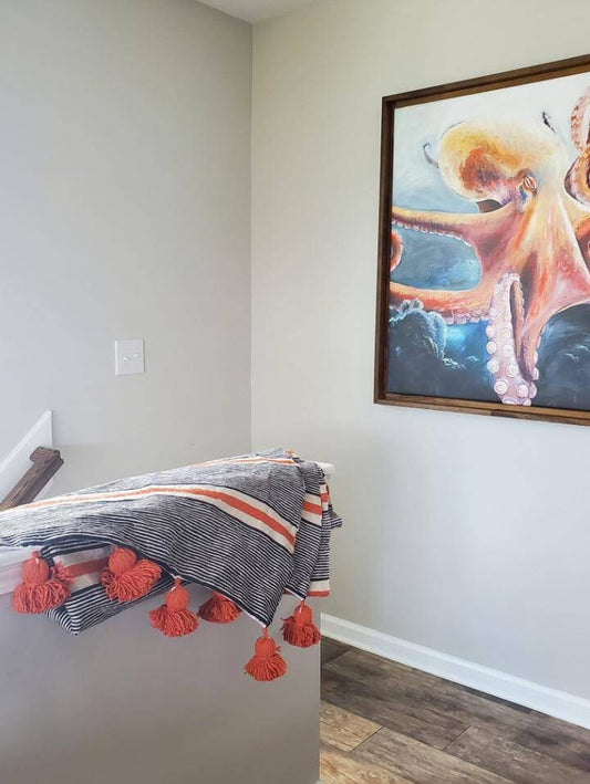 FREE Shipping-Navy + Cream + Orange - Pom Blankets-Bed Spread-Moroccan Throw -Cotton Moroccan Bedding-Throw Blankets-Berber Moroccan Decor.