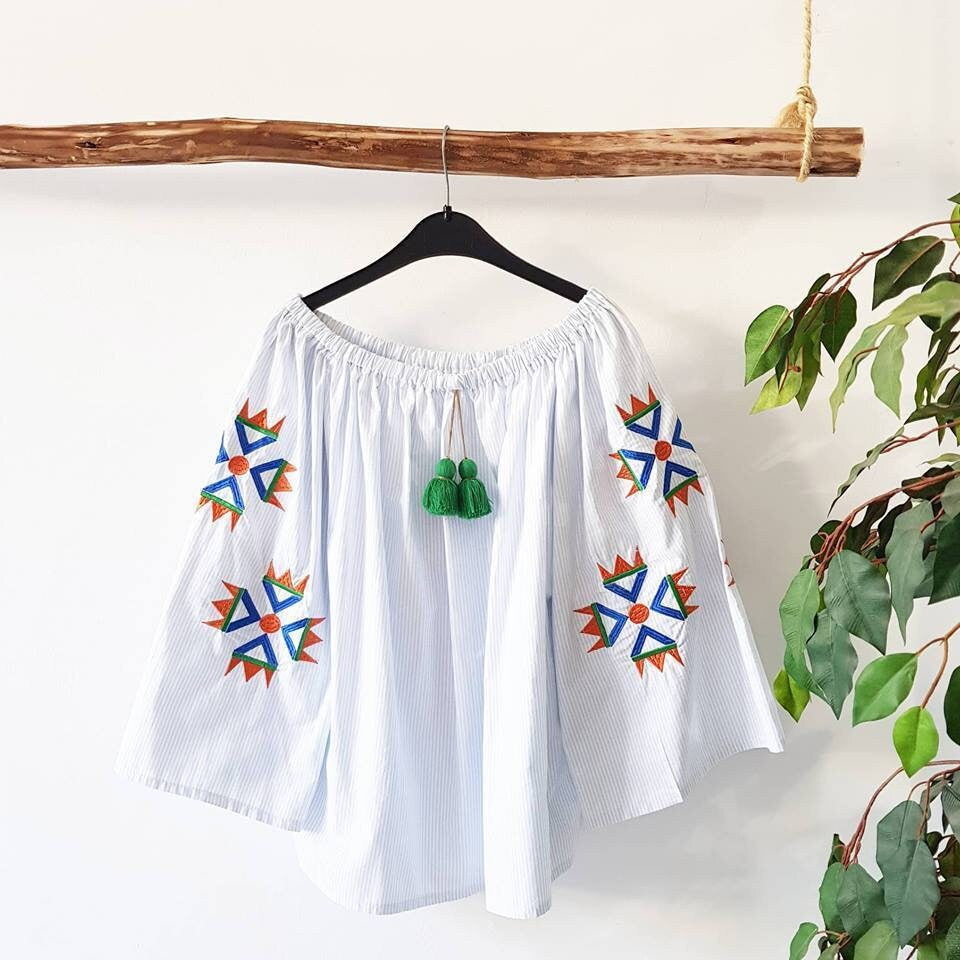 Vysyvanka Top Embroidered Moroccan off Shoulder Shirt Oversized Bohemian Top