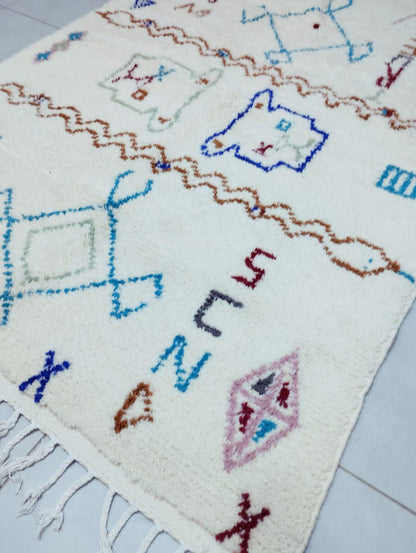 White Abstract Rug | Moroccan Wool Carpet | Handwoven with Vibrant Colorful Motifs | Berber Art Design
