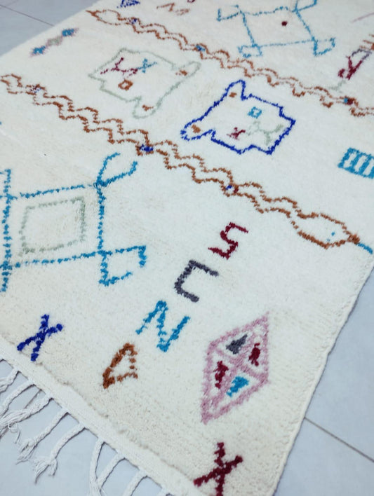 White Abstract Rug | Moroccan Wool Carpet | Handwoven with Vibrant Colorful Motifs | Berber Art Design
