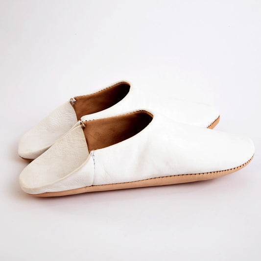 Unisex White Moroccan Leather Home Slippers – Comfy Indoor Footwear for Men & Women | Soft Suede Upper & Organic Leather Sole