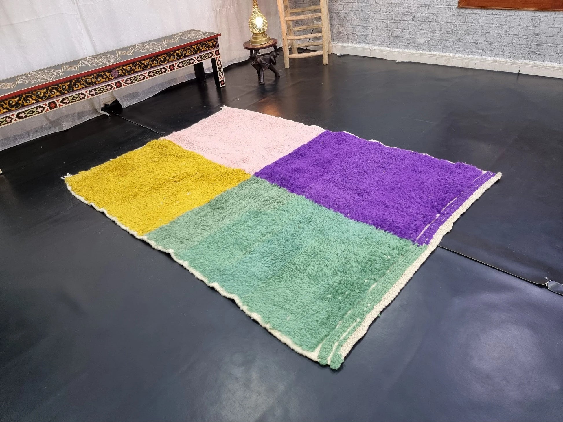 BENI OURAIN RUG 4X5, Multi-Color Moroccan Rug, Tribal Wool Rug, Fluffy Berber Carpet, Geometric & Funky Area Rug, Handmade Pink Boho Rug.