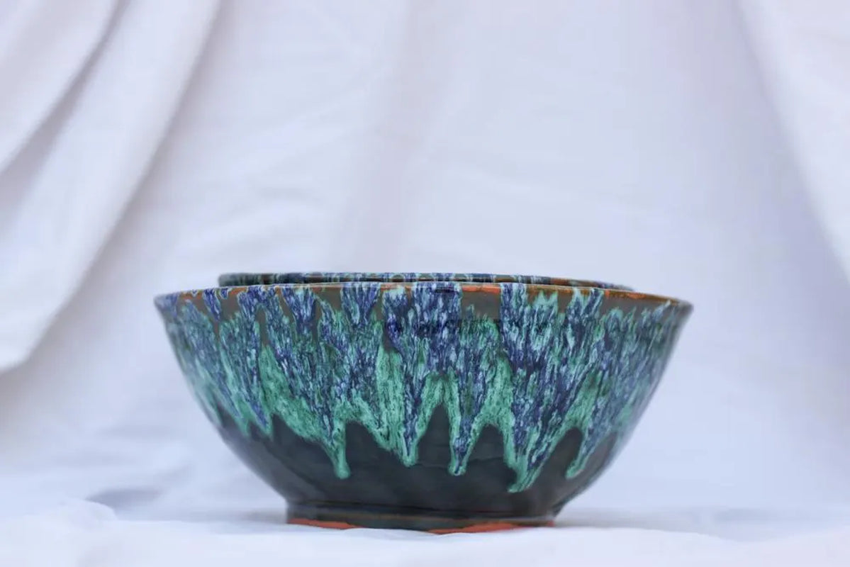 Green Ourika Ceramic Bowls Moroccan Handmade Bowls Nesting Bowl Set Drip Glaze Pottery Bowls Handpainted Ceramic Stoneware Crackle Glaze