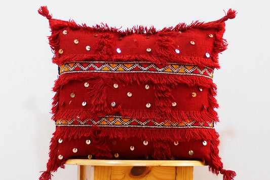 Handmade Moroccan Wedding Blanket Pillow Cover Handira Blanket Cushion Cover Wool Pillow Cover with Sequins