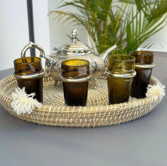 Handcrafted Moroccan Tea Set – Engraved Nickel Teapot with Amber Glasses & Woven Serving Tray Handcrafted Moroccan Royal Teapot