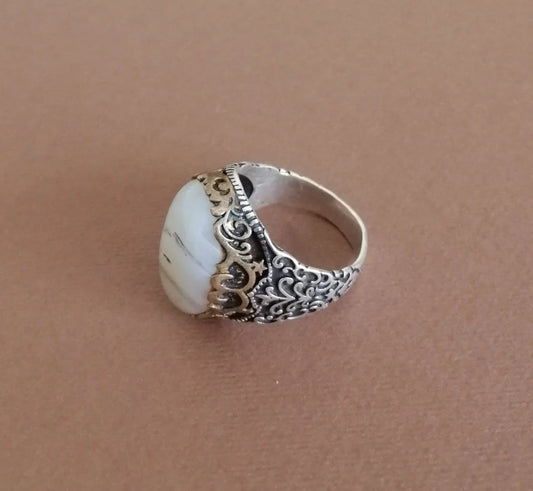 Milky Quartz and Sterling Silver Signet Ring.