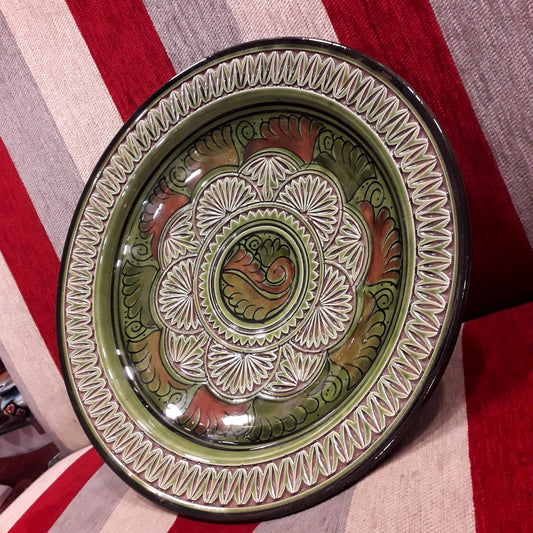 Big Serving Plate with Texture, Handmade Ceramic Platter, Moroccan Plate, for Appetizers, Salad Plate, Green Pottery Dish, Hanging Plate