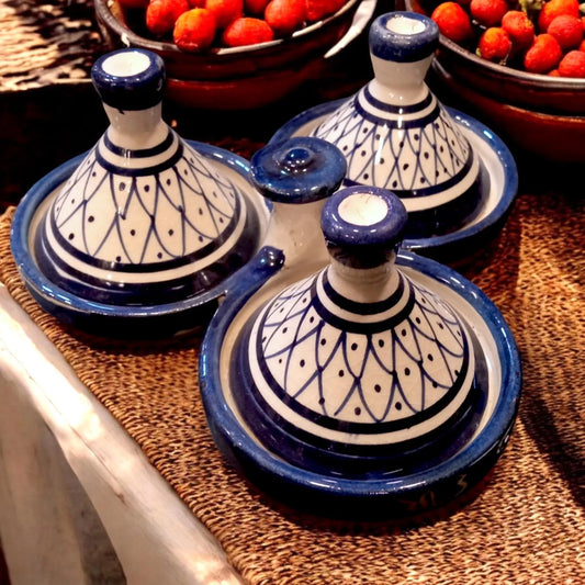 Set of 3 Handmade Moroccan Pottery Tagines for Spices and Sauces, Blue Spice Jar Tagines, Small Gift Ideas