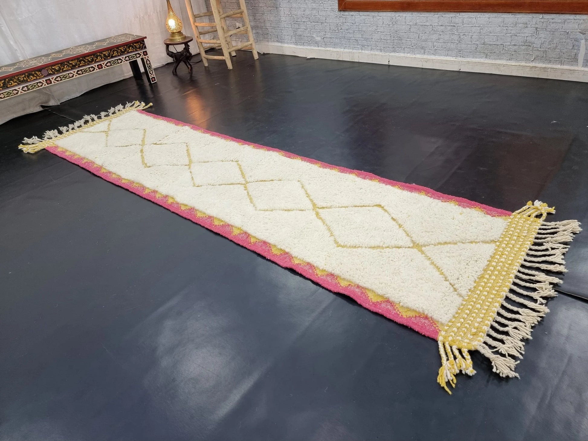 CUTE BENIOURAIN RUG, Handmade Rug 2X10, Pink & Mustard Runner Rug, Berber Wool Rug, Geometric Wool Rug, Runner Rug, Area Rug, Handwoven Rug