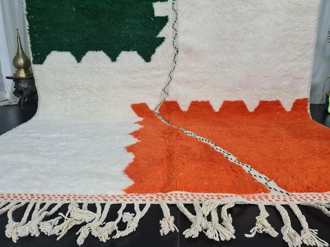 MOROCCAN HANDMADE Rug-Beni Ourain Rug-Sheep Wool Rug-Abstract Rug-White and Orange Rug-Azilal Rug- Handmade Berber Carpet-Moroccan Wool Rug.