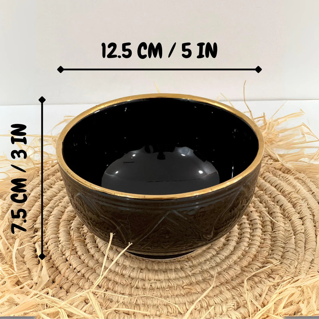 Set of 4 Handmade Ceramic Bowls with 14K Gold Edges - Moroccan Style Black Bowls.