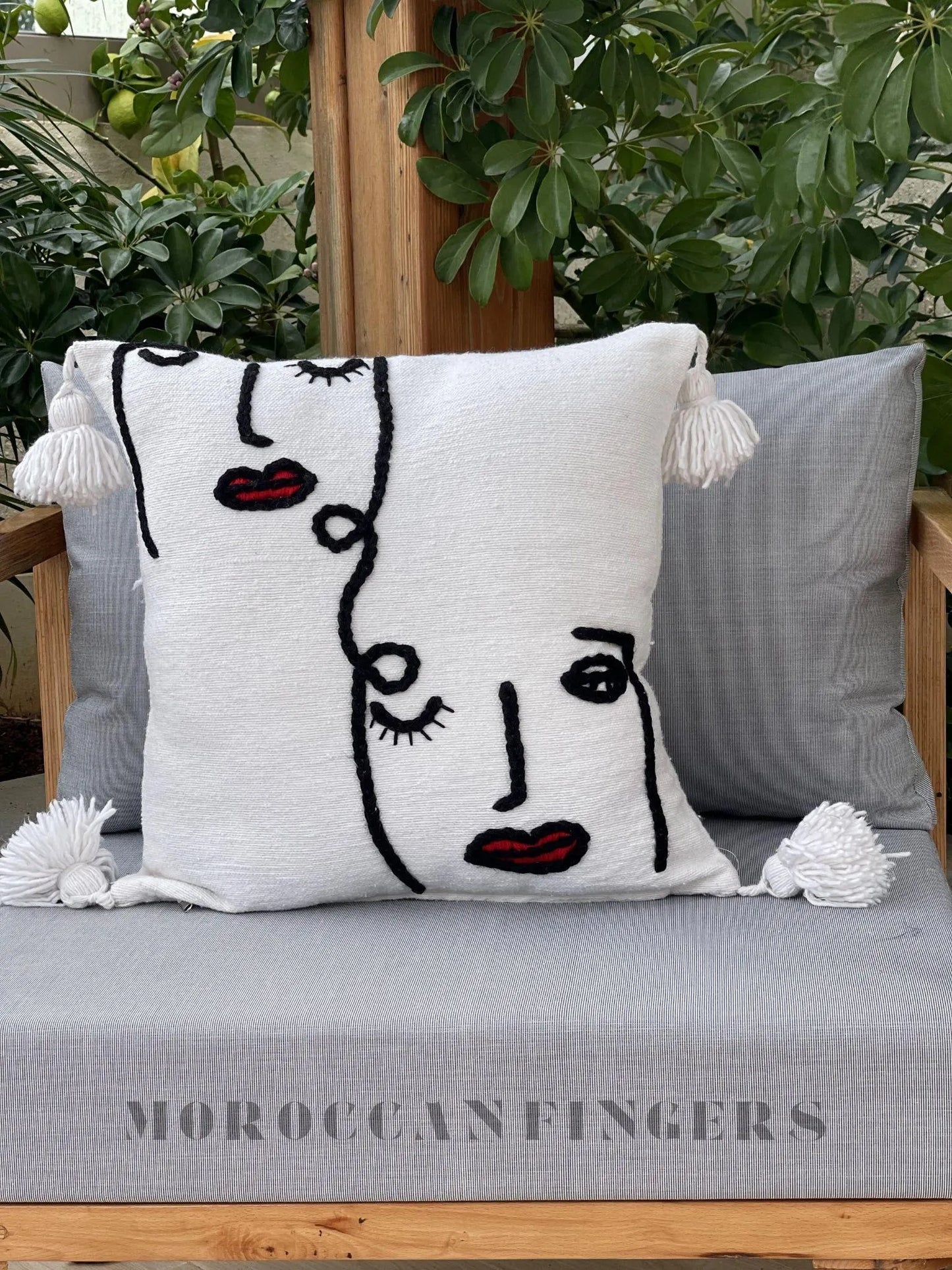 Set of 2 Line Art Pillow Covers – 18X18 Abstract Face Cushions, Handwoven Boho Decor, Recycled Cotton, Moroccan Handmade