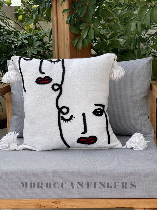Set of 2 Line Art Pillow Covers – 18X18 Abstract Face Cushions, Handwoven Boho Decor, Recycled Cotton, Moroccan Handmade