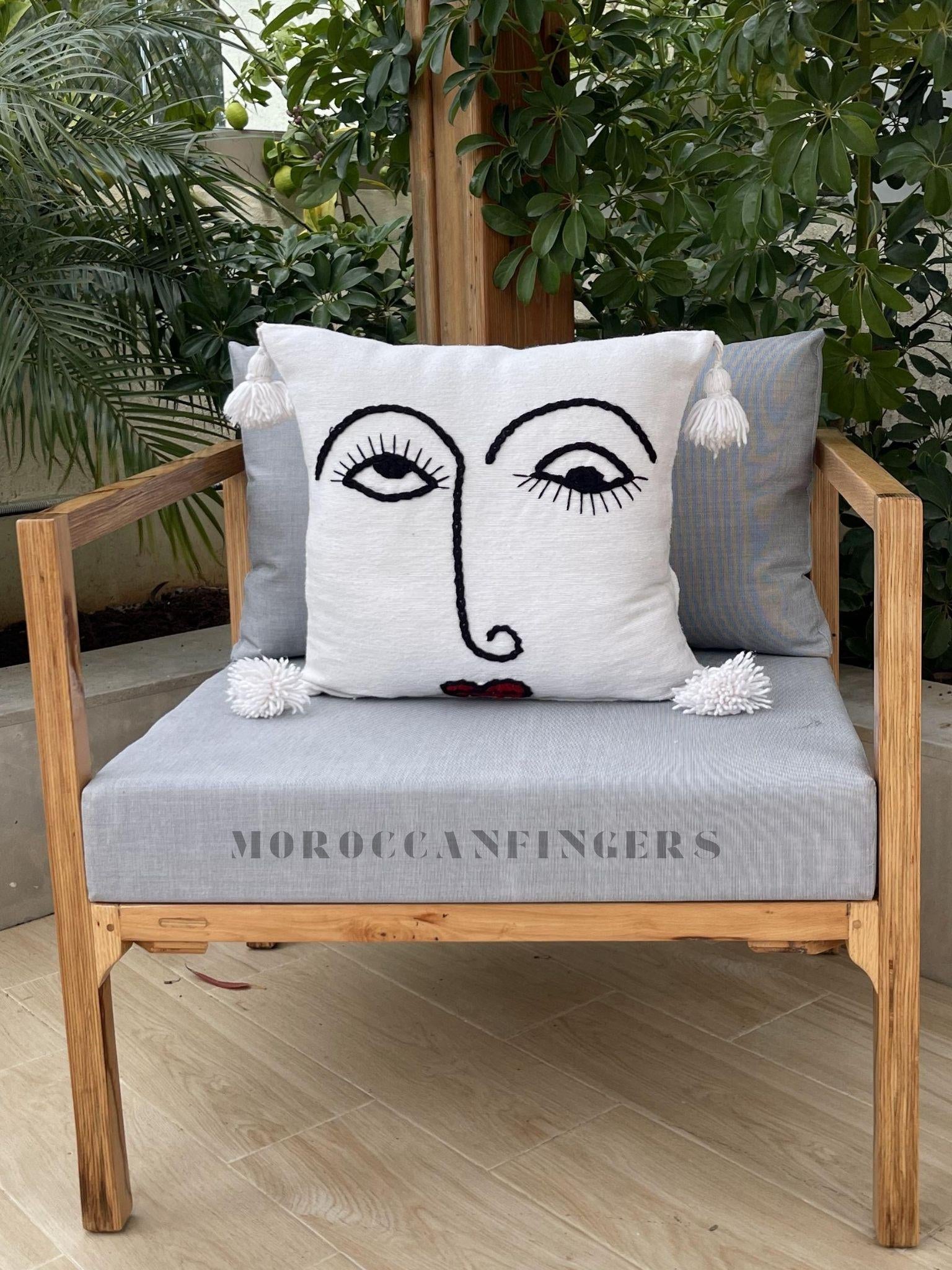 Set of 2 Line Art Pillow Covers – 18X18 Abstract Face Cushions, Handwoven Boho Decor, Recycled Cotton, Moroccan Handmade