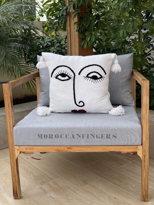 Set of 2 Line Art Pillow Covers – 18X18 Abstract Face Cushions, Handwoven Boho Decor, Recycled Cotton, Moroccan Handmade