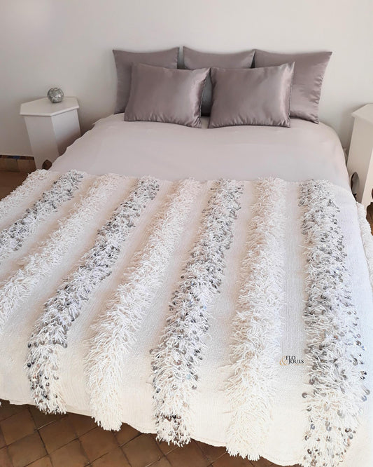 Handira Wedding Blanket | Moroccan Handmade Luxury Throw, Handira White with Metal Sequins, Berber Rugs, Carpet, Woven Bed Throw Blanket