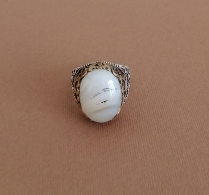 Milky Quartz and Sterling Silver Signet Ring.