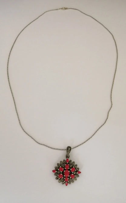 Red Resin and Sterling Silver 'Victoriana' Pendant