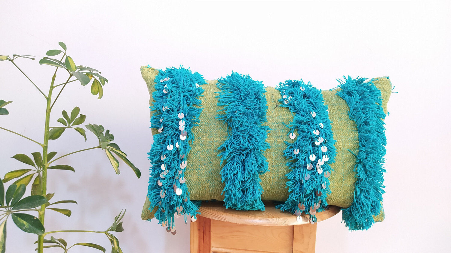 Handmade Moroccan Wedding Pillow Cover,Green Wool Cushion, Green Wool Pillow Cover Unstuffed