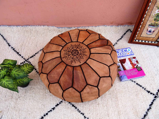 Pouf Marocain En Cuir Huilé - Cuir Véritable Fait Main - Pouf Repose-Pieds Ottoman - Pouf 100 % Cuir Naturel Véritable - Pouf Vintage