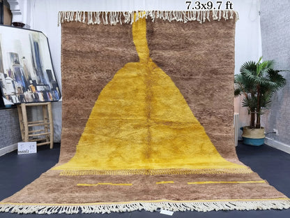 BENI MRIRT RUG 7X9, Handmade Moroccan Rug, Tribal Berber Carpet, Shag Wool Rug, Abstract Mrirt Rug, Brown & Yellow Rug, Beni Area Rugs.