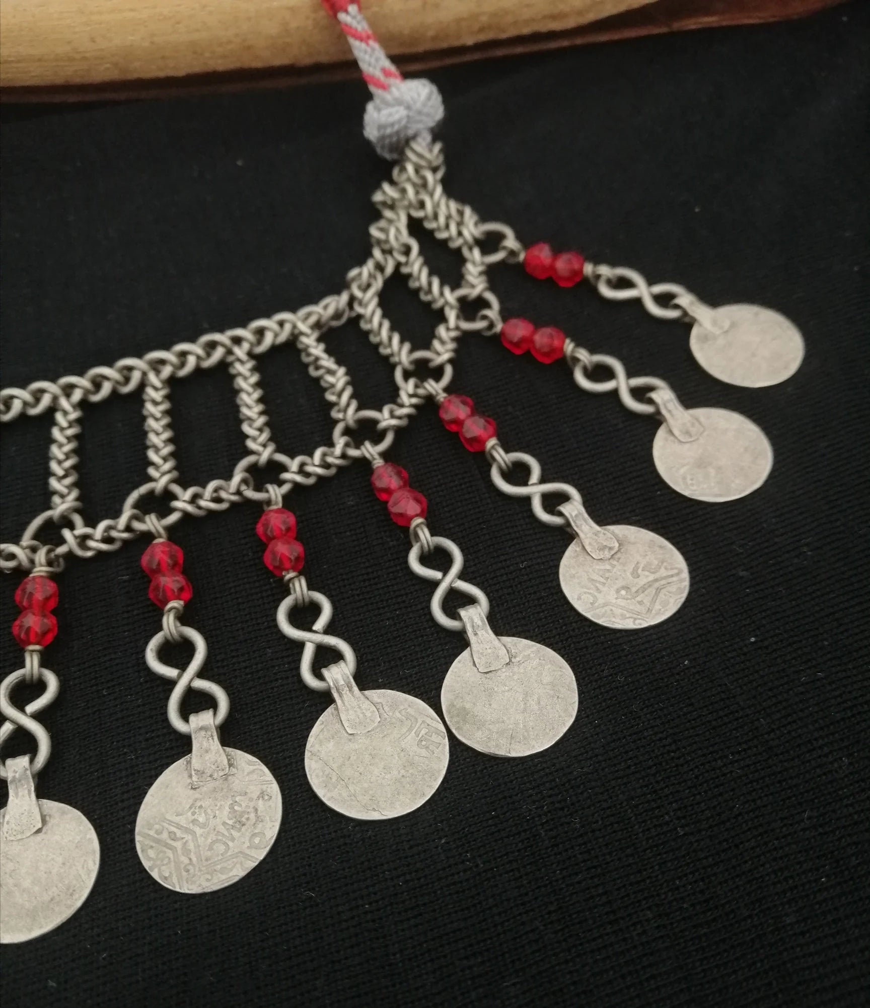 Beautiful Berber Silver Coin and Red Glass Bead Tasfift Headdress Necklace
