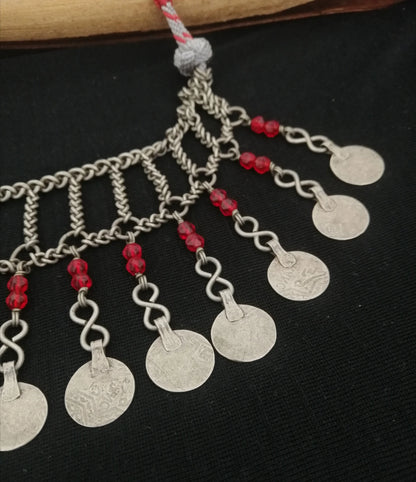 Beautiful Berber Silver Coin and Red Glass Bead Tasfift Headdress Necklace