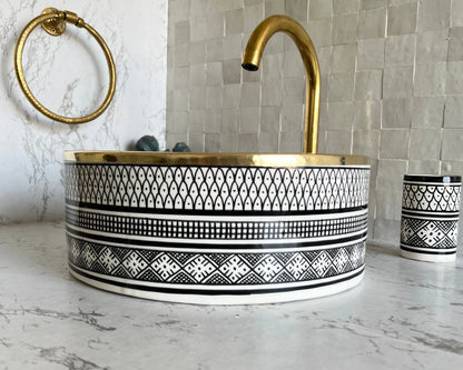 Antique Sink with Brass Rim Edge, Vessel Sink, Sink Bowl, Ceramic Basin, Hand Wash Basin, Free Gift INCLUDED
