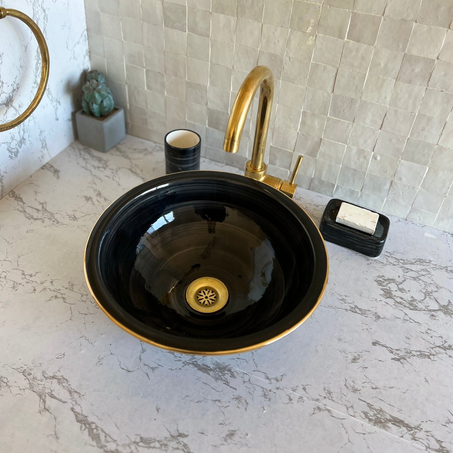 Antique Sink 14K Gold Rim, Set of Vessel Sink, Toothbrush Cup and Soap Dish, 14 Inch Sink Bowl, Ceramic Basin, Free Gift INCLUDED