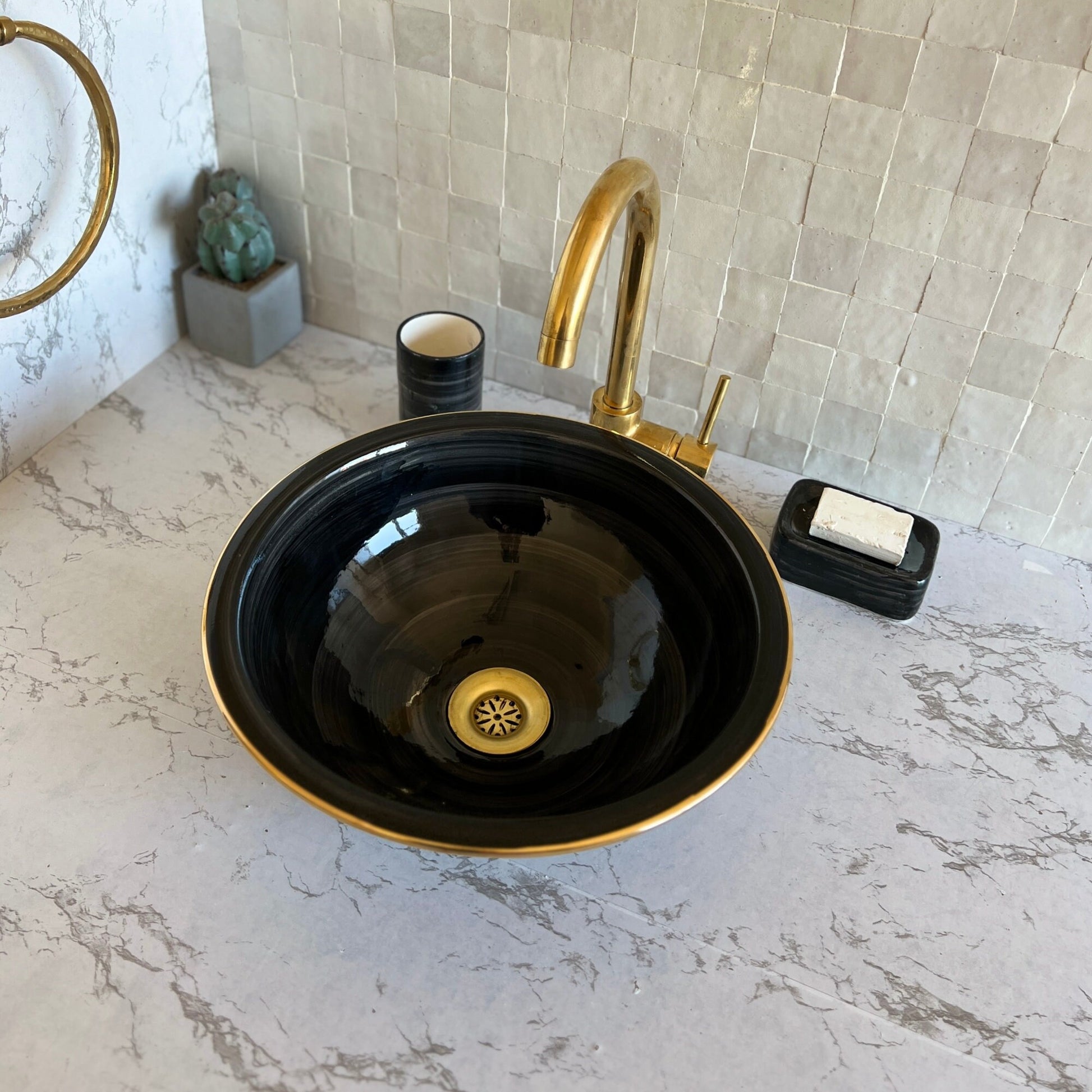 Antique Sink 14K Gold Rim, Set of Vessel Sink, Toothbrush Cup and Soap Dish, 14 Inch Sink Bowl, Ceramic Basin, Free Gift INCLUDED