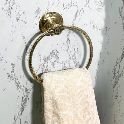 Hammered Brass Hand Towel Holder – Unlacquered Gold Towel Ring Aged Brass Bathroom Hardware Vintage Moroccan Wall Mounted Solid Brass Holder