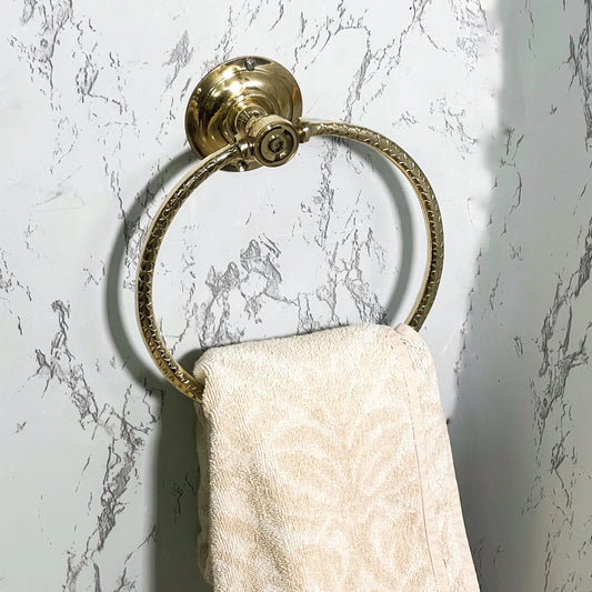 Hammered Brass Hand Towel Holder – Unlacquered Gold Towel Ring Aged Brass Bathroom Hardware Vintage Moroccan Wall Mounted Solid Brass Holder